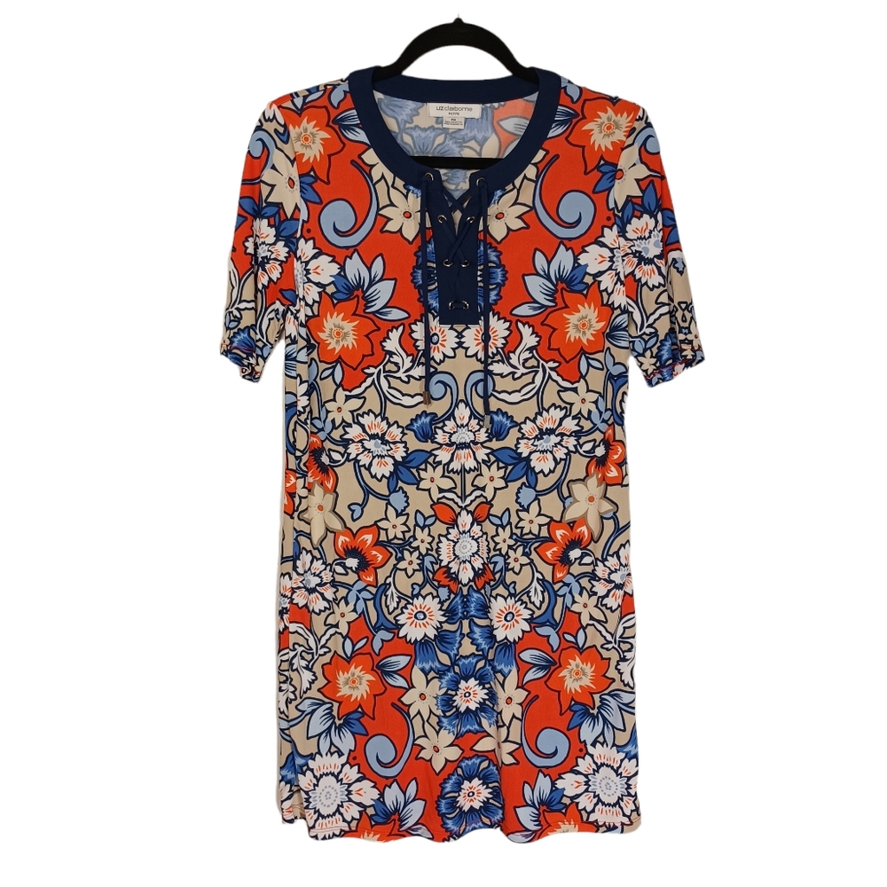 LIZ CLAIBORNE PETITE Orange Blue Cream Paisley Lace Up Short Sleeve Dress MP